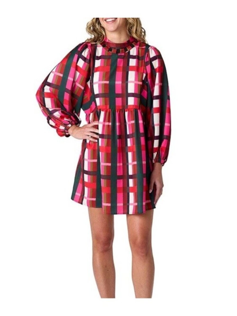 CROSBY By Mollie Burch Easton Holiday Plaid Dress Velvet Cutout Balloon Sleeve M
